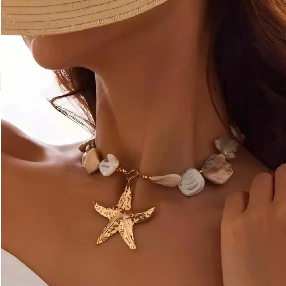 Gold Starfish Pendant Pearl Necklace - Iridescent Shell Beads new